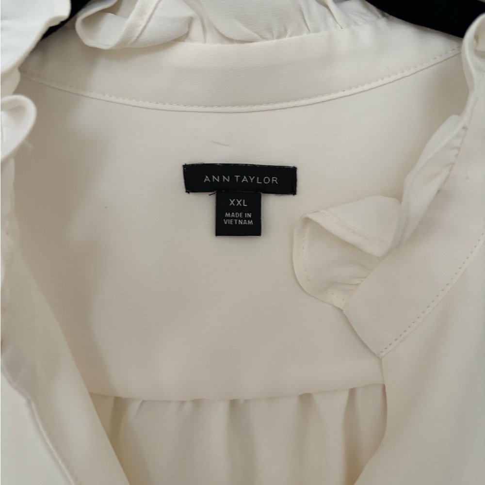 Ann Taylor Cream Ruffle-Neck Button Front Blouse - Picture 3 of 4